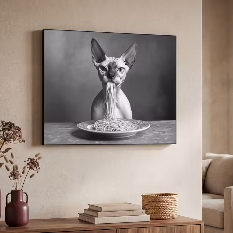 Sphynx - Kat - Dieren - Humor - Spaghetti - Zwart Wit Textielframe - compleet frame klein -sfeer3
