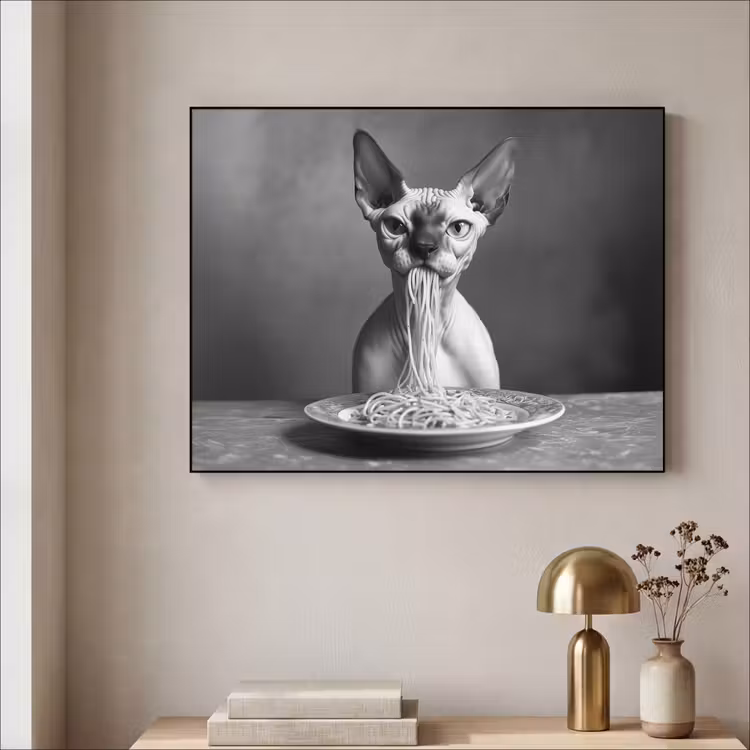 Sphynx - Kat - Dieren - Humor - Spaghetti - Zwart Wit Textielframe zwart klein -sfeer2