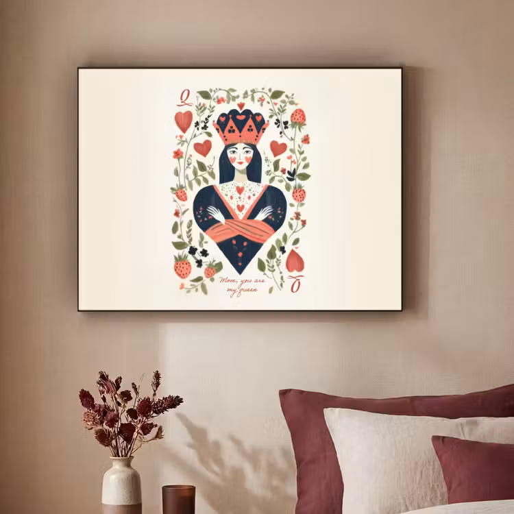 Speelkaart - Hartenkoningin - Bloemen - Hartjes Textielframe zwart klein -sfeer1