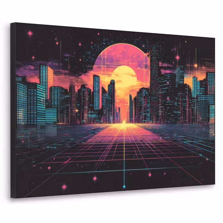 Stad - Gebouwen - Zon - Geel Textielframe zwart klein -3d