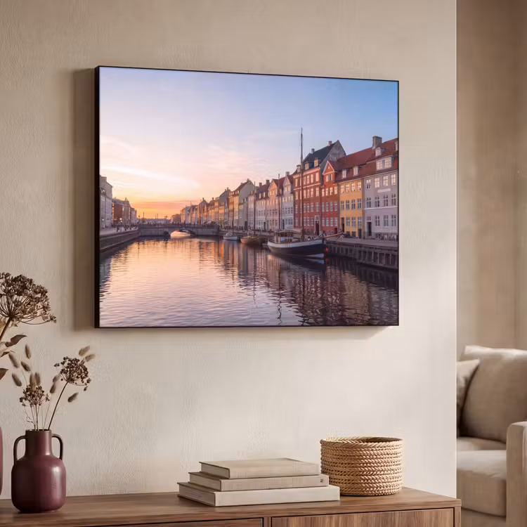 Stad - Gracht - Zonsondergang - Klassiek - Kleurrijk Textielframe zwart klein -sfeer3