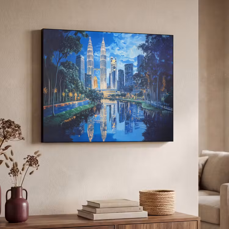 Stad Kuala Lumpur - Skyline - Wolkenkrabbers - Water Textielframe zwart klein -sfeer3
