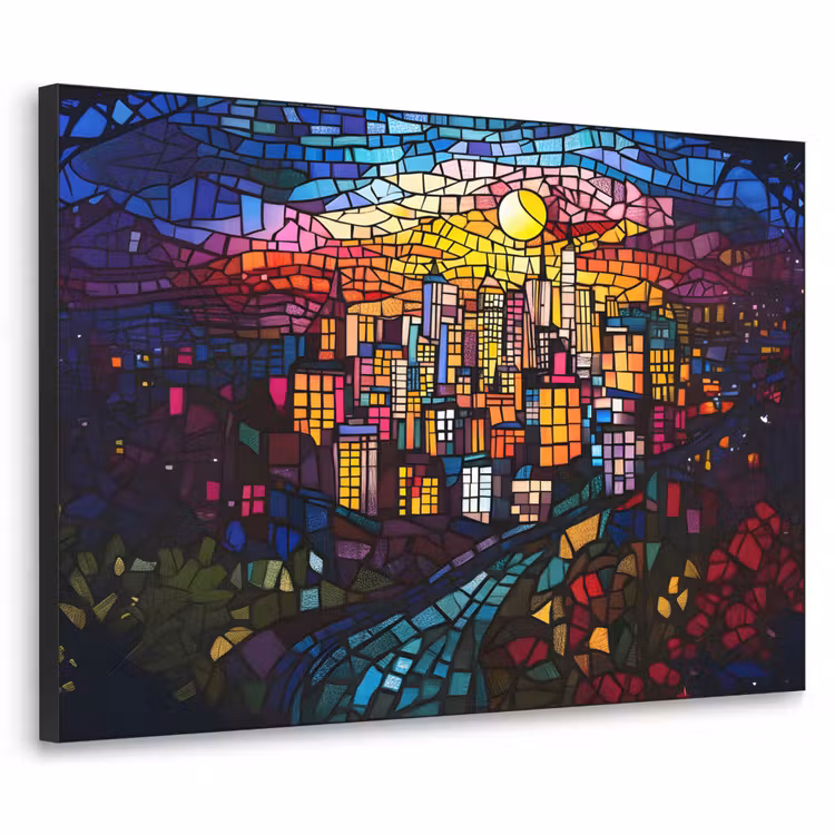 Stad - Maan - Mozaïek - Kleurrijk Textielframe - compleet frame klein -3d