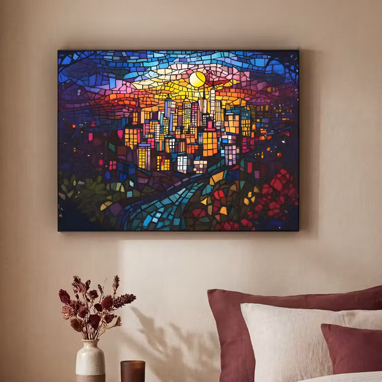 Stad - Maan - Mozaïek - Kleurrijk Textielframe - compleet frame klein -sfeer1