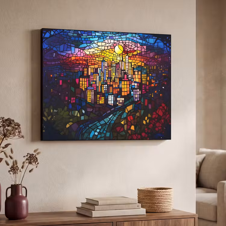 Stad - Maan - Mozaïek - Kleurrijk Textielframe - compleet frame klein -sfeer3