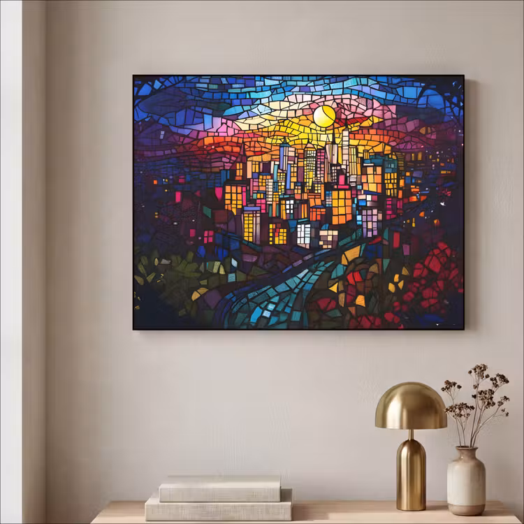 Stad - Maan - Mozaïek - Kleurrijk Textielframe - compleet frame klein -sfeer2