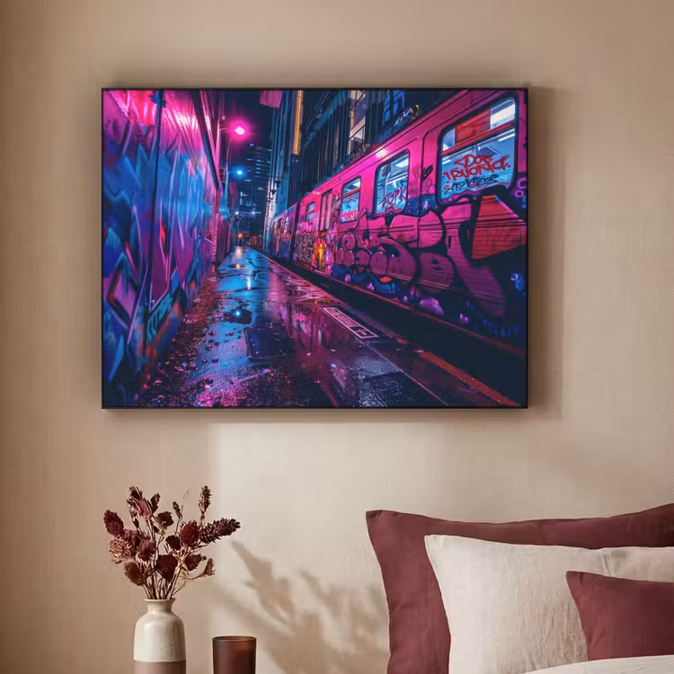 Stad - Neon - Nacht - Roze - Graffiti Textielframe - compleet frame klein -sfeer1