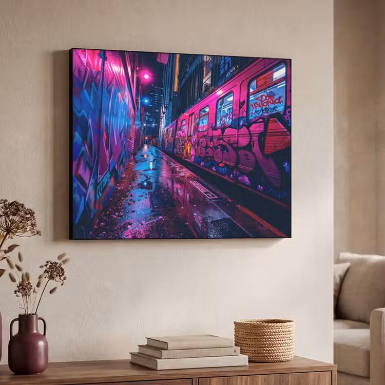 Stad - Neon - Nacht - Roze - Graffiti Textielframe zwart klein -sfeer3