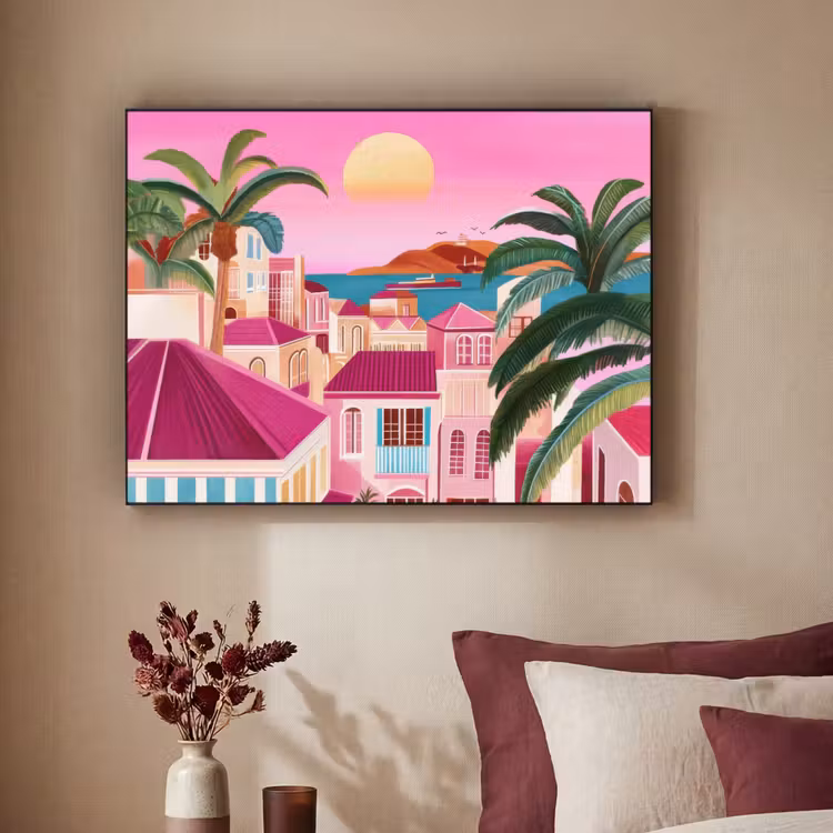 Stad - Roze - Palmbomen Textielframe - compleet frame klein -sfeer1