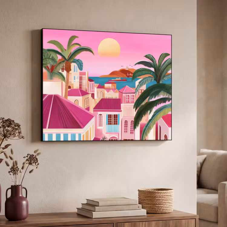 Stad - Roze - Palmbomen Textielframe - compleet frame klein -sfeer3