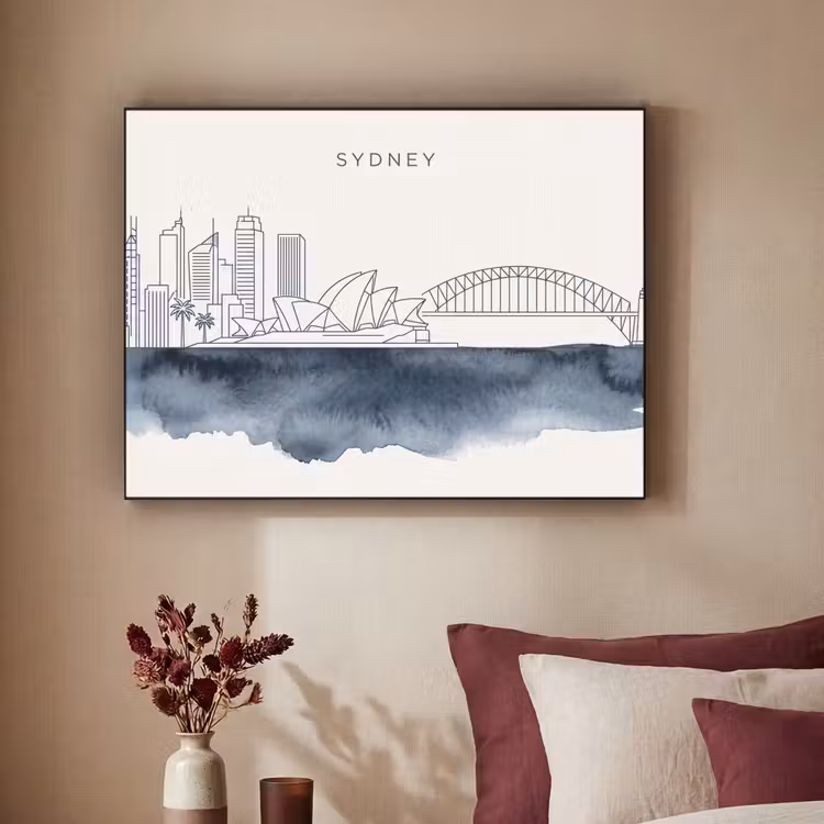 Stad - Skyline - Architectuur - Minimalistisch - Blauw Textielframe zwart klein -sfeer1