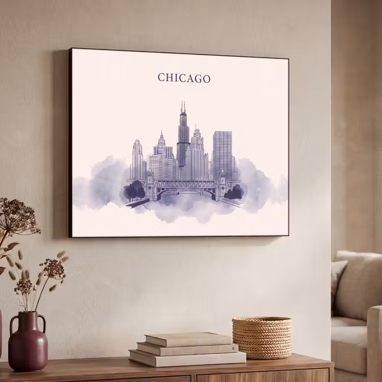Stad - Skyline - Architectuur - Lijntekening - Blauw Textielframe zwart klein -sfeer3