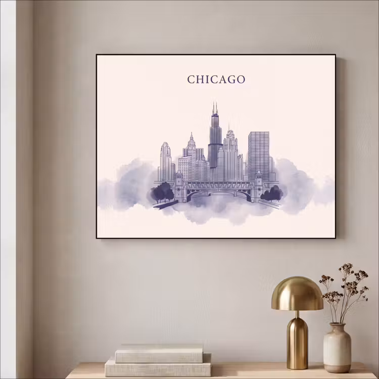 Stad - Skyline - Architectuur - Lijntekening - Blauw Textielframe zwart klein -sfeer2