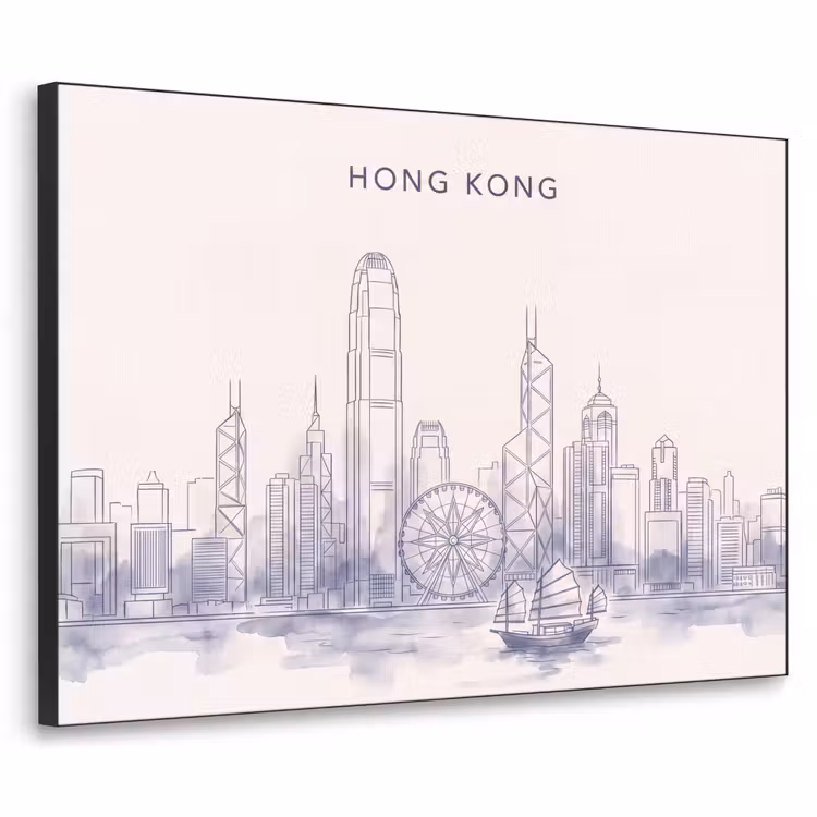 Stad - Skyline - Water - Lijntekening - Blauw Textielframe zwart klein -3d