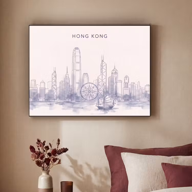 Stad - Skyline - Water - Lijntekening - Blauw Textielframe zwart klein -sfeer1