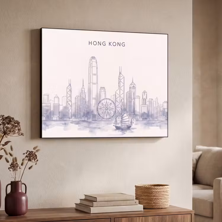 Stad - Skyline - Water - Lijntekening - Blauw Textielframe zwart klein -sfeer3