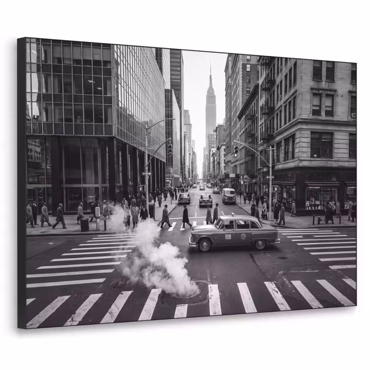 Stad - Straat - Gebouwen - Verkeer - Zwart-wit Textielframe zwart klein -3d