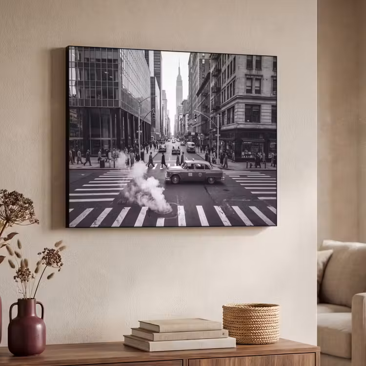 Stad - Straat - Gebouwen - Verkeer - Zwart-wit Textielframe zwart klein -sfeer3