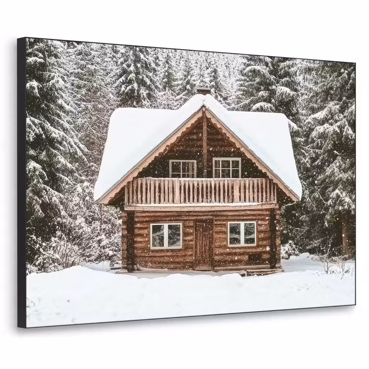 Huis - Bos - Winter - Natuur - Sneeuw Textielframe zwart klein -3d