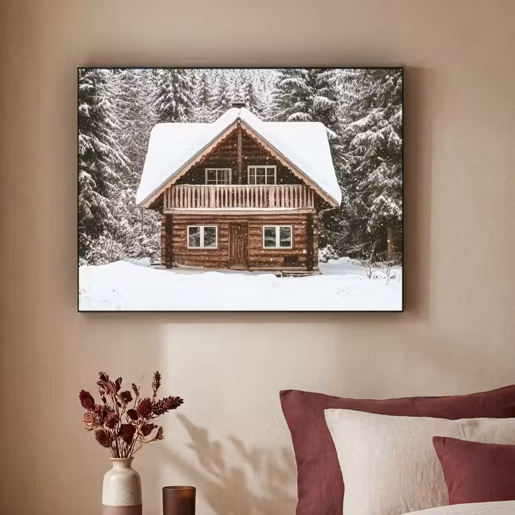 Huis - Bos - Winter - Natuur - Sneeuw Textielframe zwart klein -sfeer1