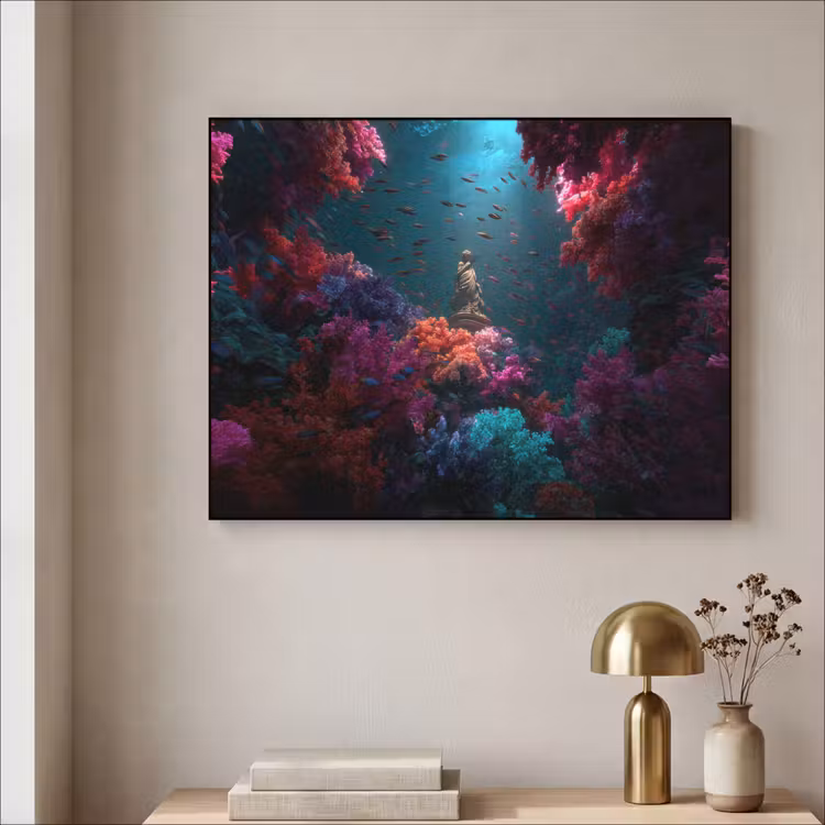 Standbeeld - Zeebodem - Koraal - Kleurrijk Textielframe zwart klein -sfeer2