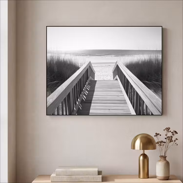 Loopbrug - Hout - Strand - Zee Textielframe zwart klein -sfeer2