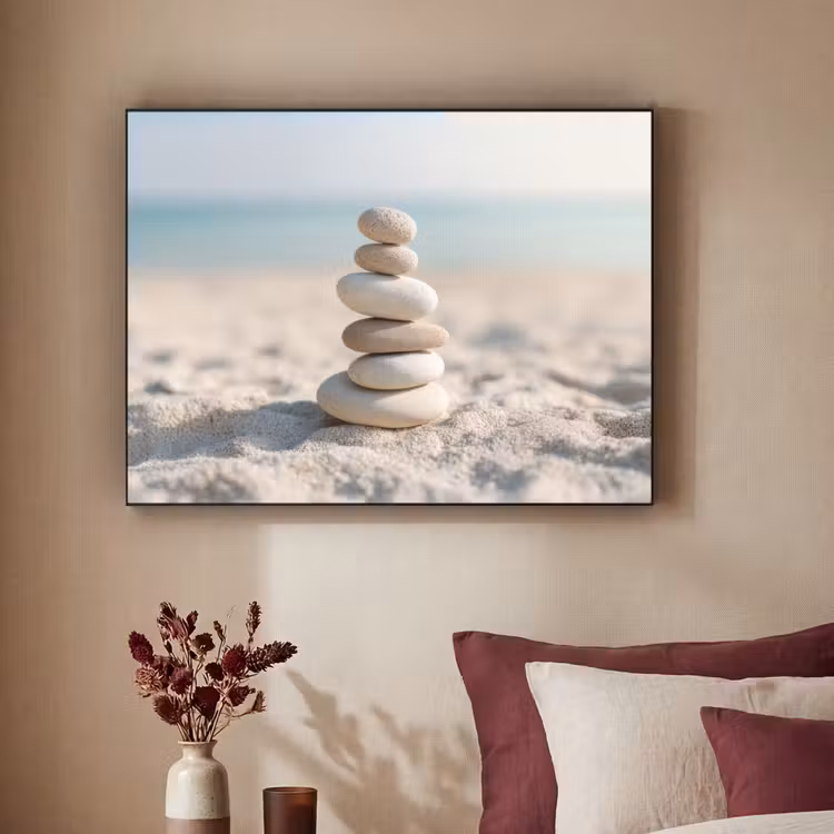 Stenen - Stapel - Zand - Zee Textielframe zwart klein -sfeer1