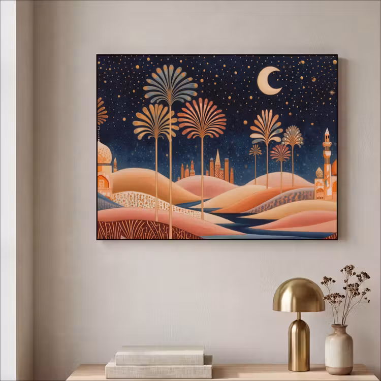 Sterrenhemel - Palmen - Rivier Textielframe zwart klein -sfeer2