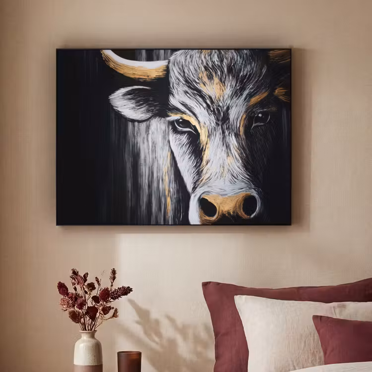 Stier - Hoorns - Snuit - Goud Textielframe zwart klein -sfeer1