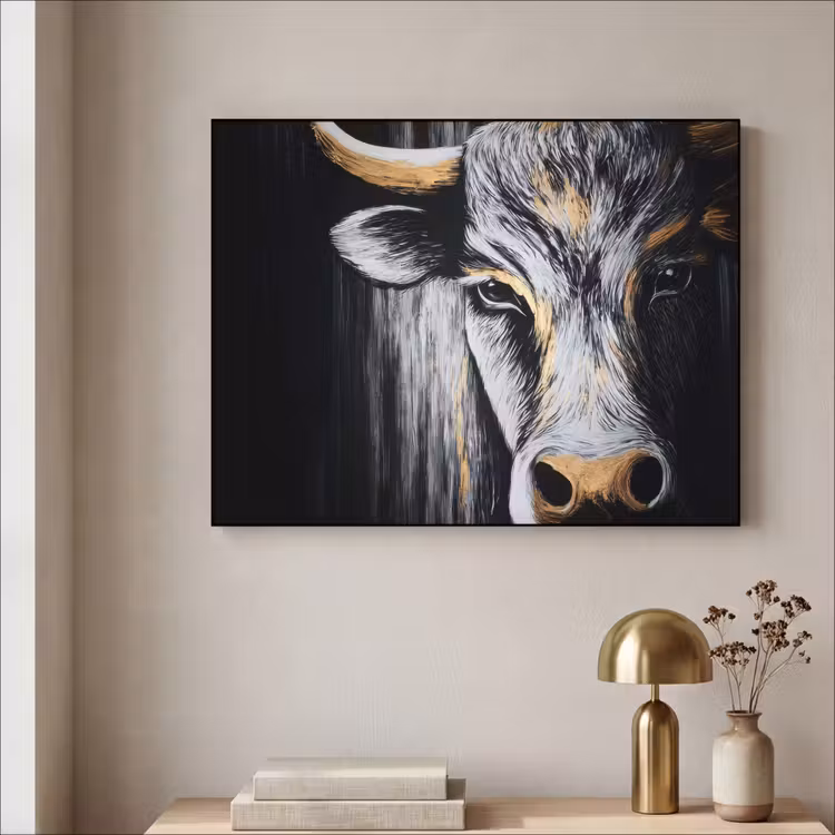 Stier - Hoorns - Snuit - Goud Textielframe zwart klein -sfeer2