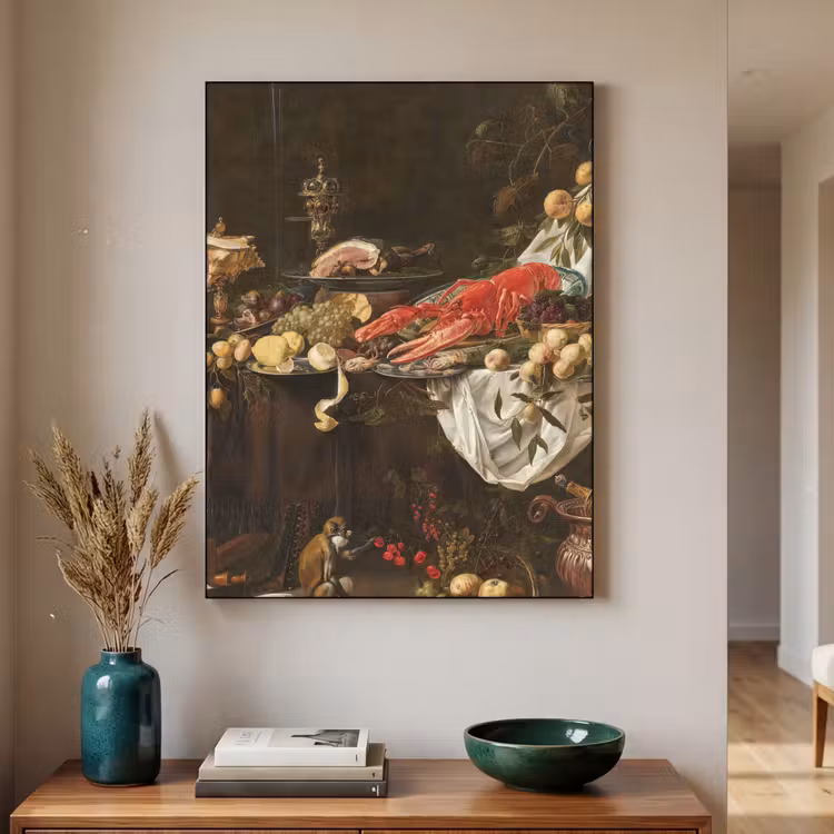Pronkstilleven - Adriaen van Utrecht - Olieverf Textielframe zwart klein -sfeer1