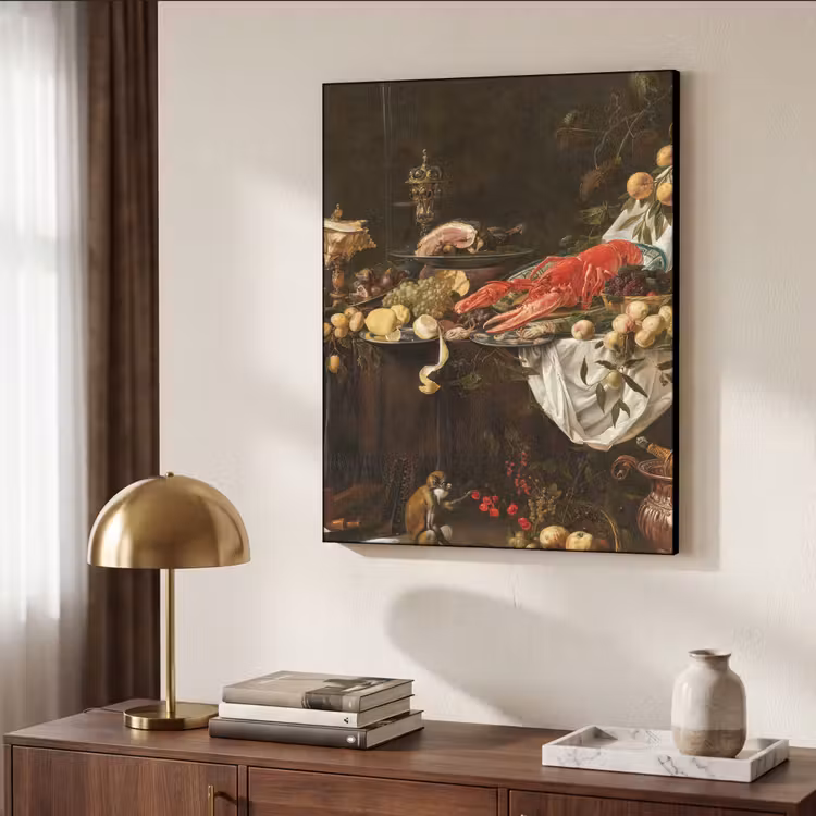 Pronkstilleven - Adriaen van Utrecht - Olieverf Textielframe zwart klein -sfeer3