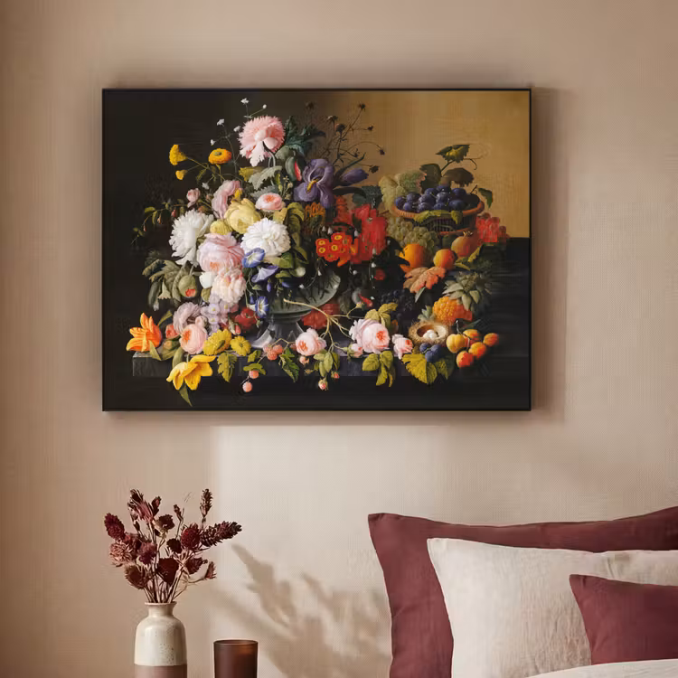 Stilleven met bloemen en fruit - Kunstwerk - Oude meesters Textielframe zwart klein -sfeer1