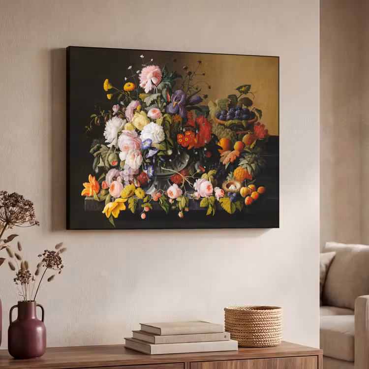 Stilleven met bloemen en fruit - Kunstwerk - Oude meesters Textielframe zwart klein -sfeer3