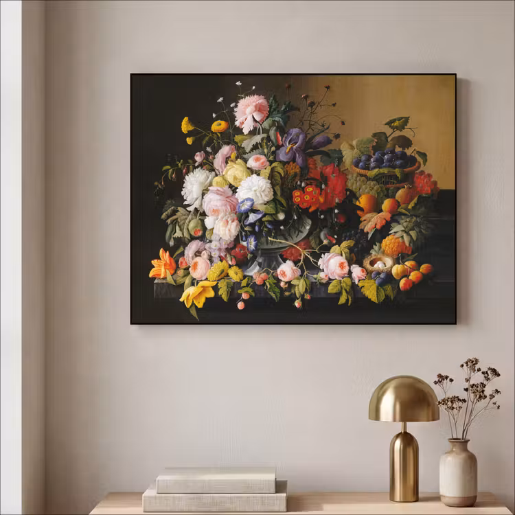 Stilleven met bloemen en fruit - Kunstwerk - Oude meesters Textielframe zwart klein -sfeer2