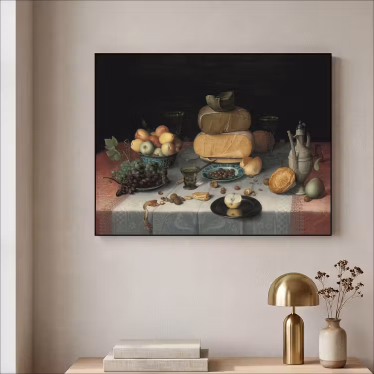 Stilleven met kazen - Kunstwerk - Oude meesters Textielframe zwart klein -sfeer2