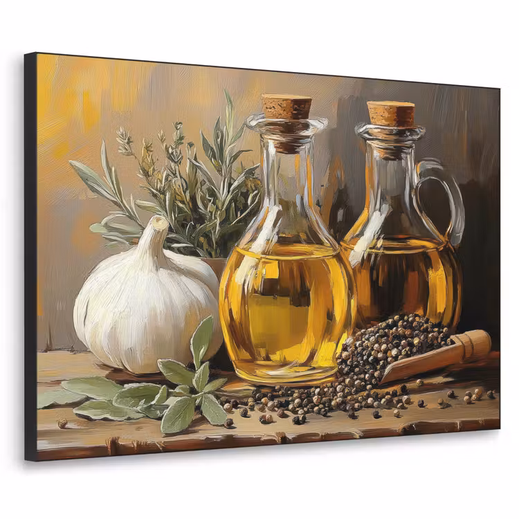 Stilleven - Olijfolie - Knoflook - Kruiden Textielframe - compleet frame klein -3d