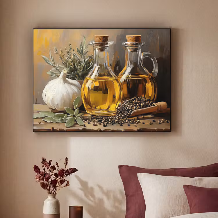 Stilleven - Olijfolie - Knoflook - Kruiden Textielframe - compleet frame klein -sfeer1