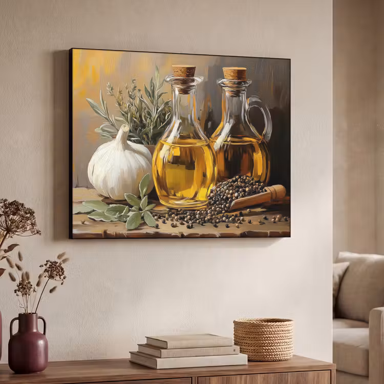 Stilleven - Olijfolie - Knoflook - Kruiden Textielframe zwart klein -sfeer3