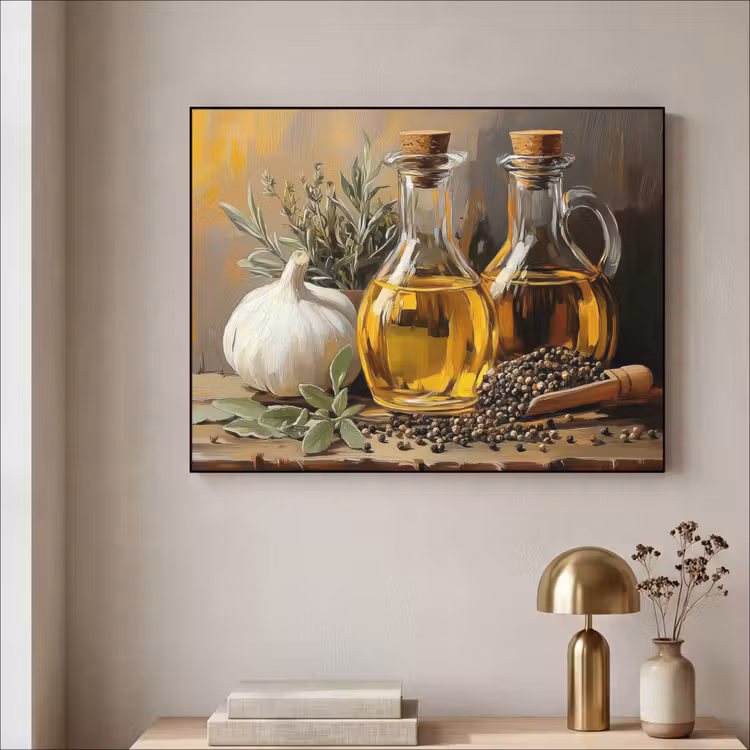 Stilleven - Olijfolie - Knoflook - Kruiden Textielframe - compleet frame klein -sfeer2