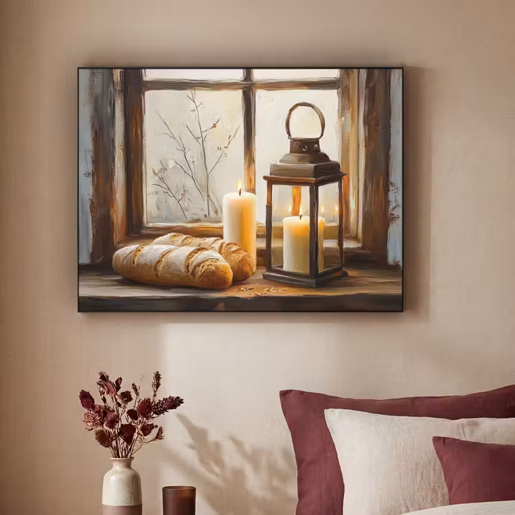 Stilleven - Rustiek - Kaarsen - Broden - Raam Textielframe - compleet frame klein -sfeer1