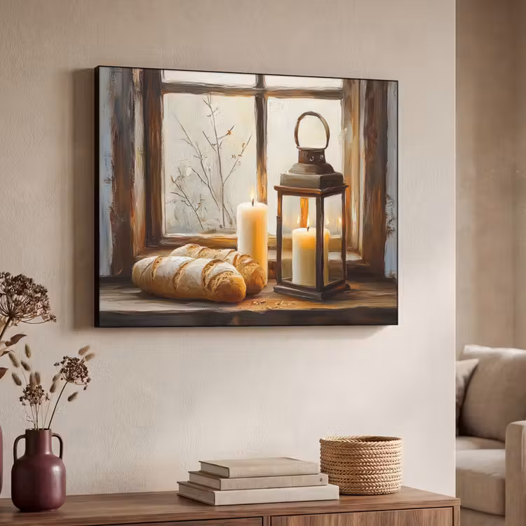 Stilleven - Rustiek - Kaarsen - Broden - Raam Textielframe - compleet frame klein -sfeer3
