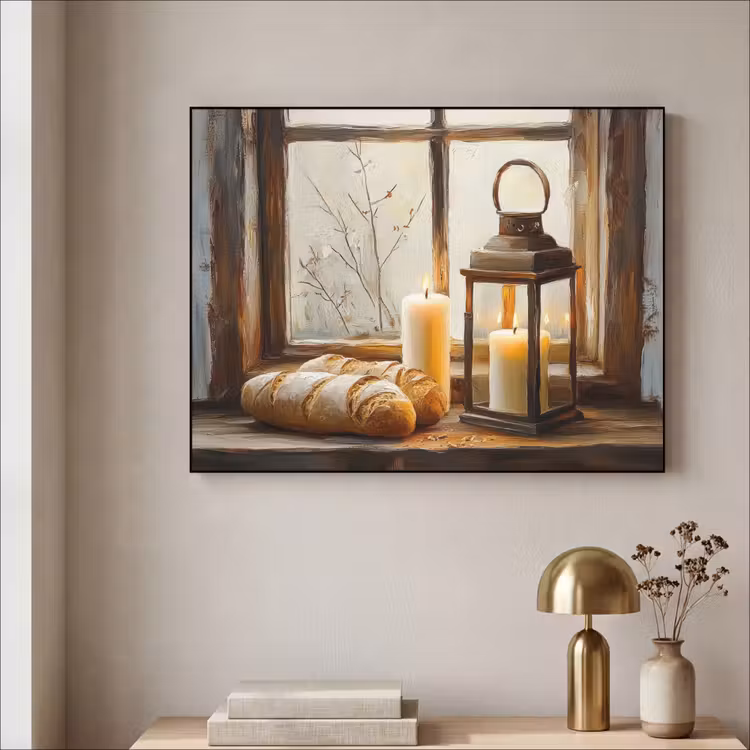 Stilleven - Rustiek - Kaarsen - Broden - Raam Textielframe zwart klein -sfeer2