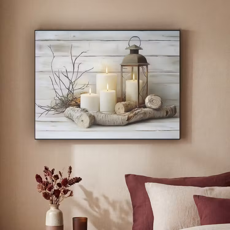 Stilleven - Wit - Kaarsen - Rustiek - Natuur Textielframe - compleet frame klein -sfeer1