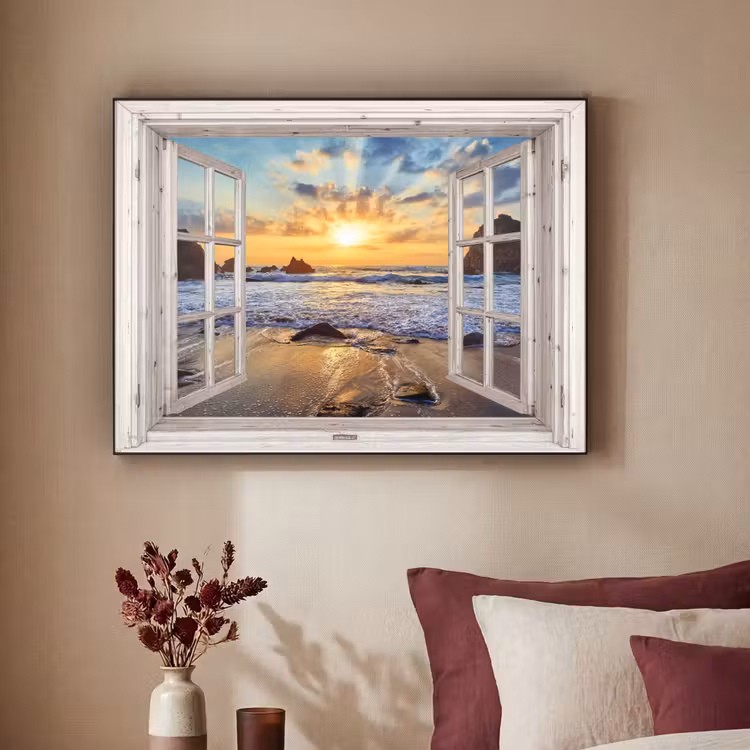 Strand - Doorkijk - Zonsondergang - Landschap - Zee - Natuur Textielframe zwart klein -sfeer1