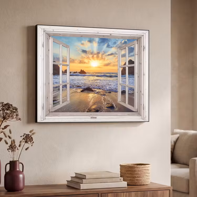Strand - Doorkijk - Zonsondergang - Landschap - Zee - Natuur Textielframe - compleet frame klein -sfeer3