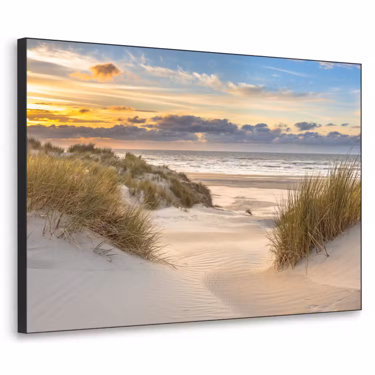 Strand - Duin - Gras - Zonsondergang - Zee Textielframe zwart klein -3d