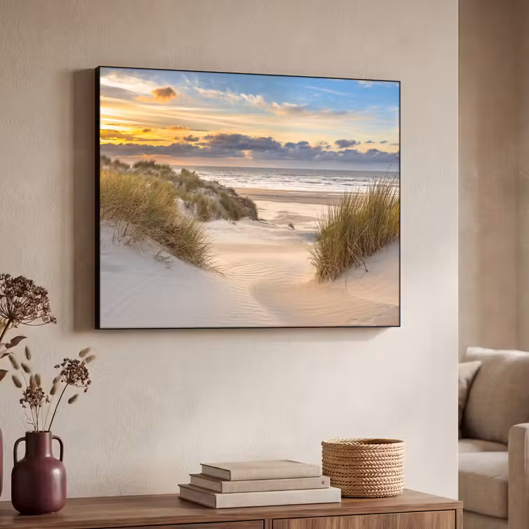 Strand - Duin - Gras - Zonsondergang - Zee Textielframe zwart klein -sfeer3