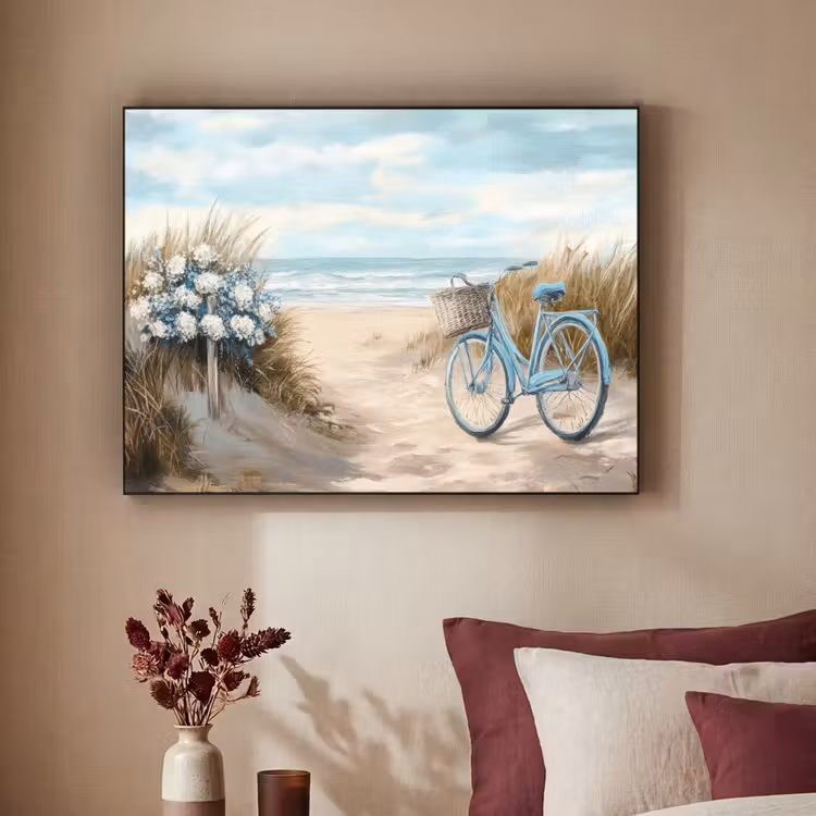 Strand - Zee - Fiets - Vintage - Bloemen Textielframe zwart klein -sfeer1