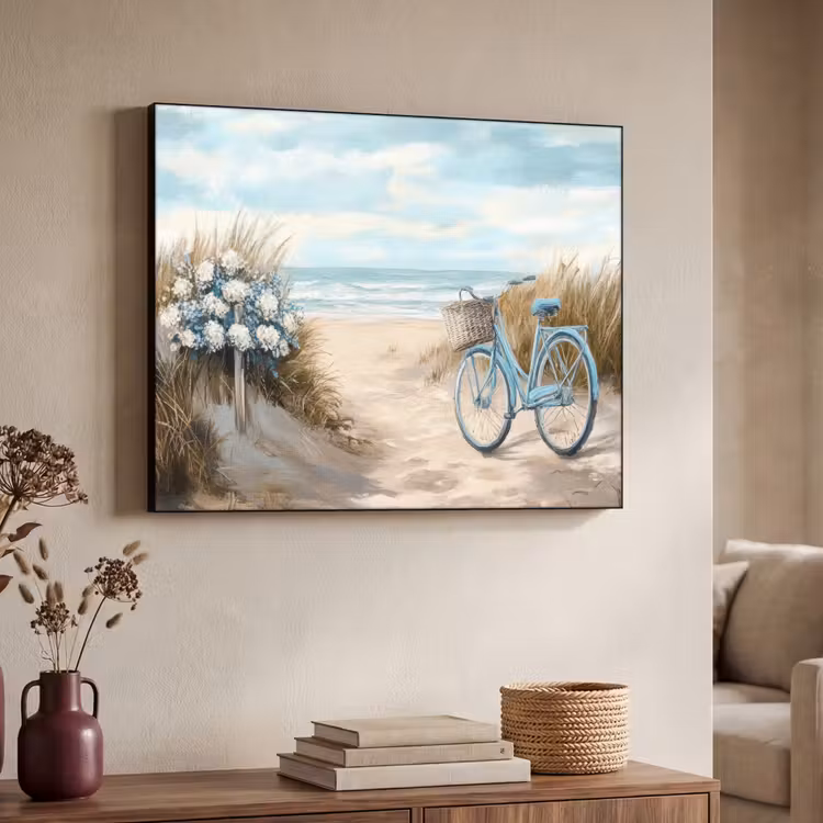 Strand - Zee - Fiets - Vintage - Bloemen Textielframe zwart klein -sfeer3